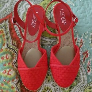 Coral orange red bright Ralph Lauren wedges